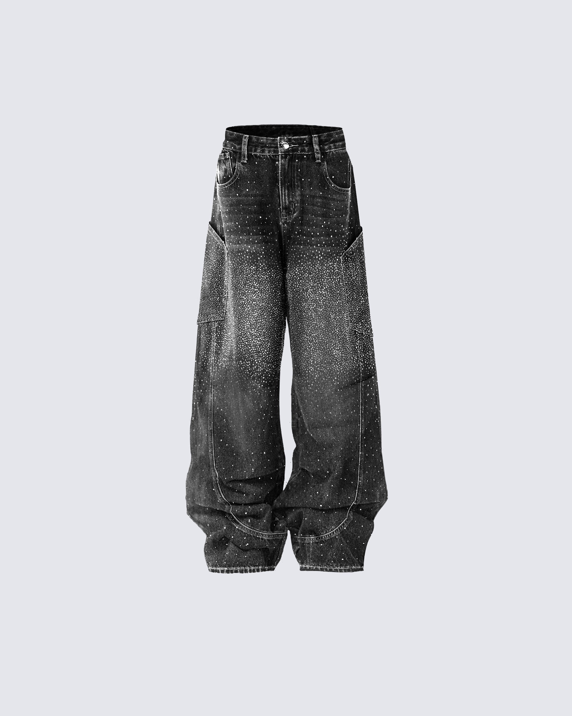 Vintage Star Rhinestone Wide-Leg Denim Pants