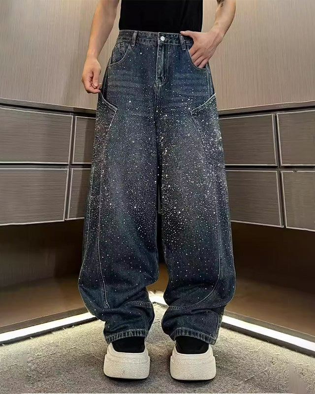 Vintage Star Rhinestone Wide-Leg Denim Pants