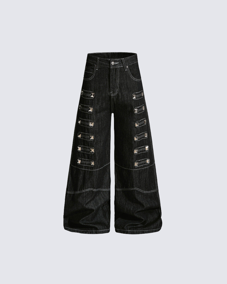 Grommet Detail Wide Leg Denim Pants