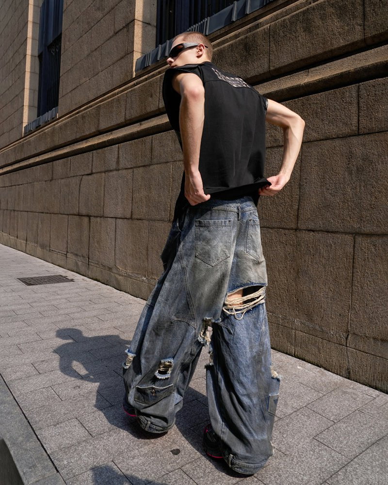 Reversed Waist Distressed Blade Jeans