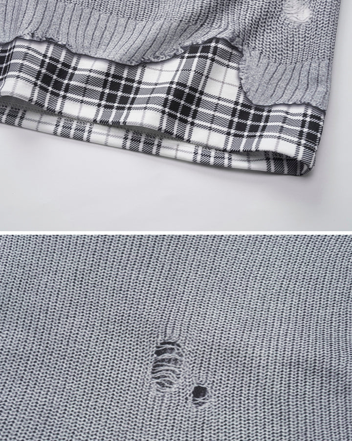 Patchwork Distressed Plaid Layered Knit T-Shirt