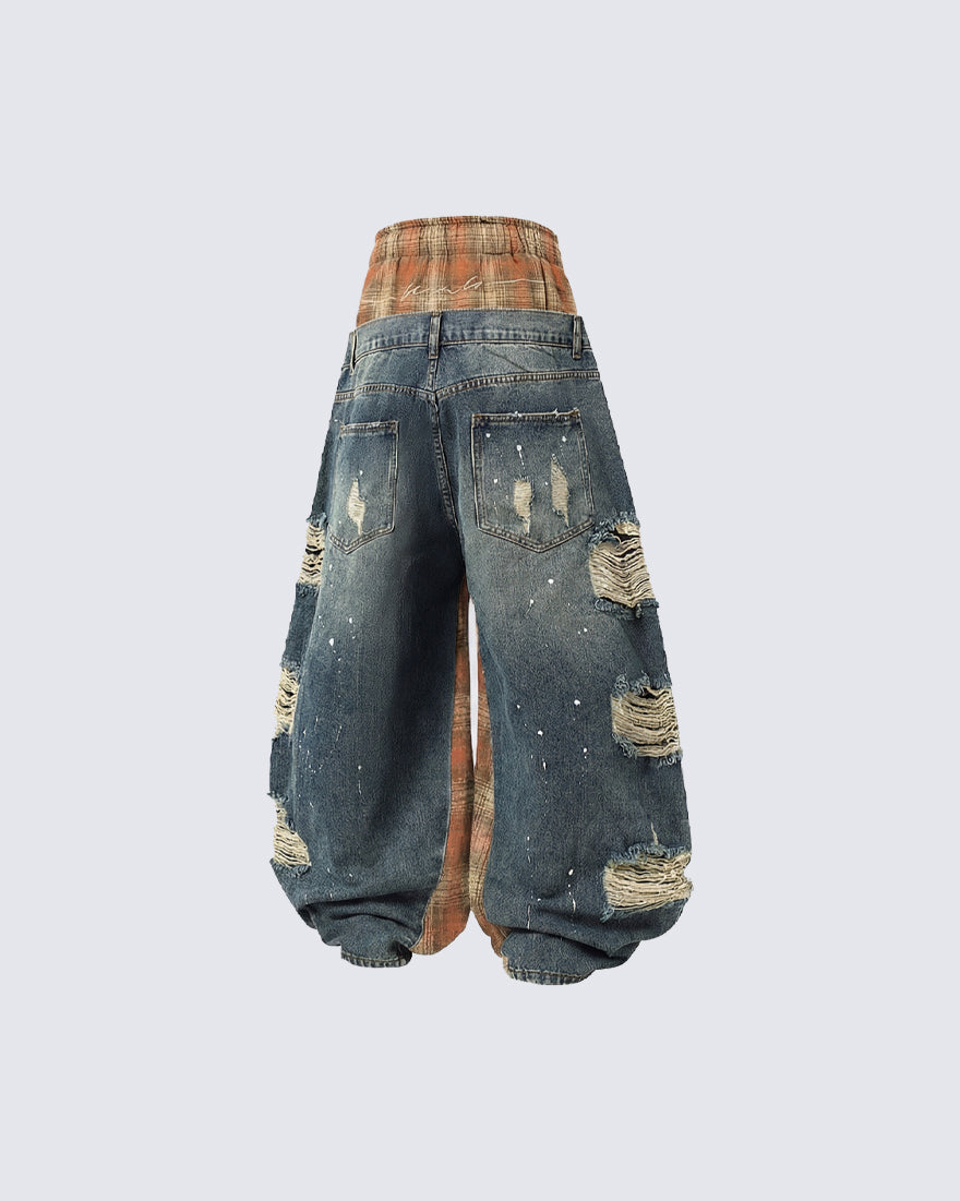 Hip-Hop Patchwork Plaid Layered Denim Pants