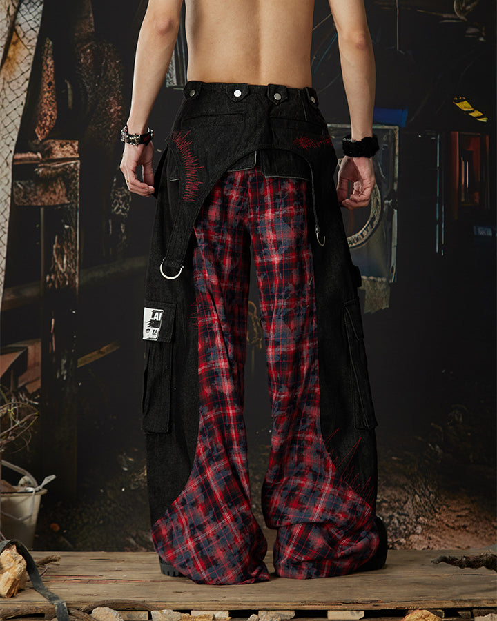 New Layered Plaid Cargo Wide-Leg Pants