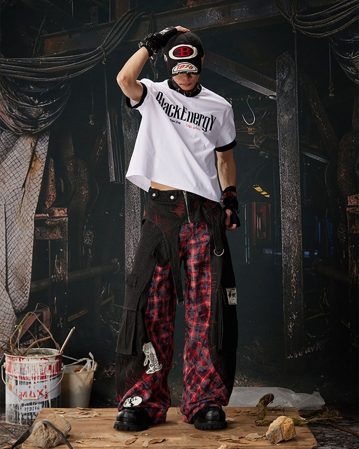 New Layered Plaid Cargo Wide-Leg Pants