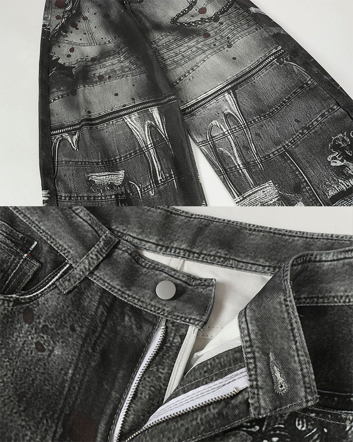 Graphic Print Wide-Leg Denim Jeans