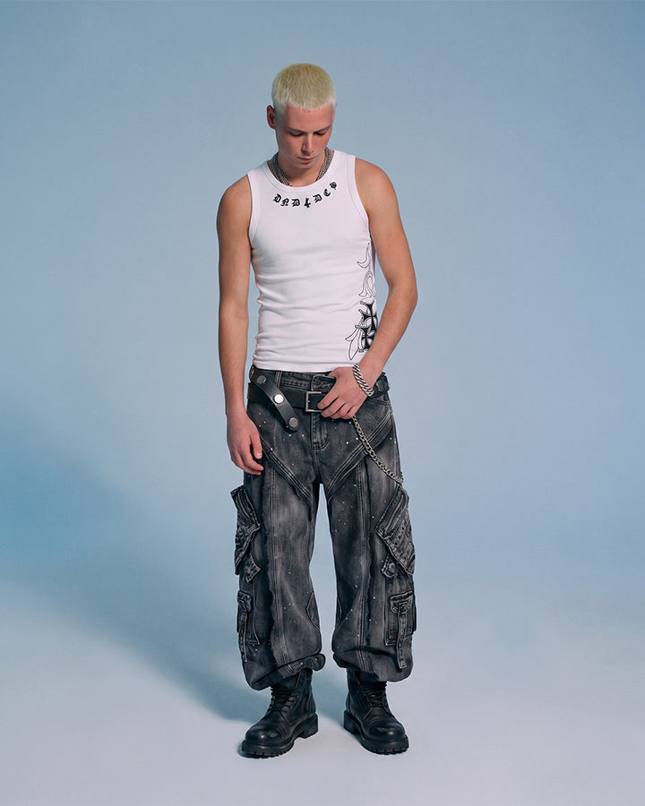 Heavy Washed Ink-Splatter Deconstructed Denim Jeans