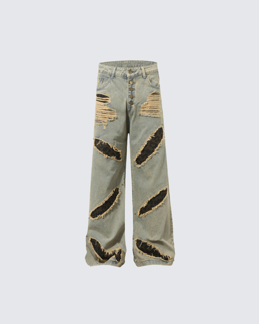 Post-Apocalyptic Printed Distressed Floor-Length Jeans