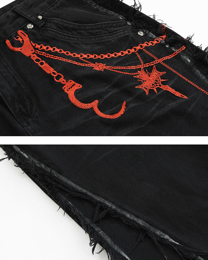 Vintage Embroidered Straight-Leg Denim Pants