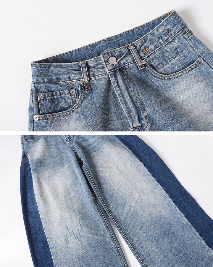Spring Contrast Panel Wide-Leg Denim Jeans