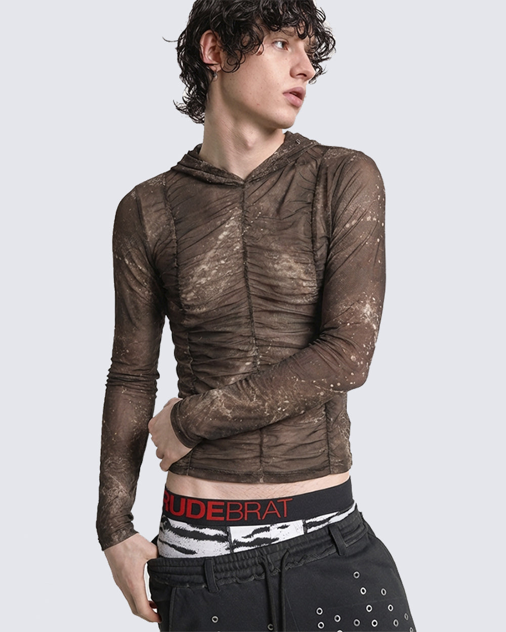 New Ruched Sheer Hooded Mesh Top