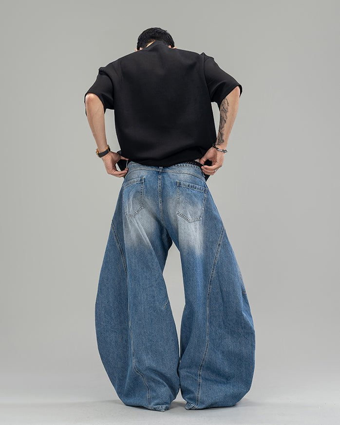 Pleated Blade-Cut Washed Jeans