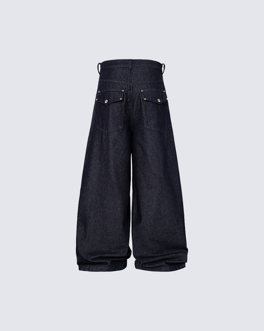 Dark Indigo Button Front Wide Denim Pants