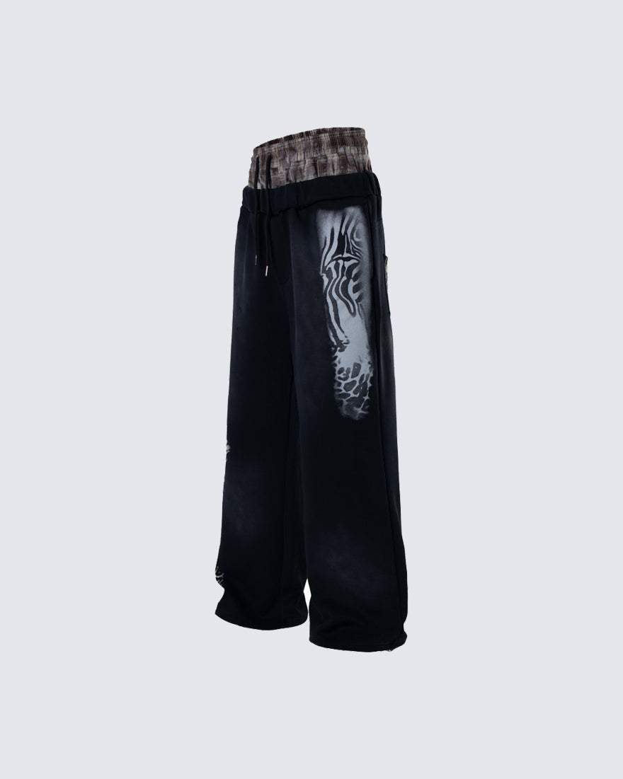 Animal Print Double Waistband Wide-Leg Sweatpants