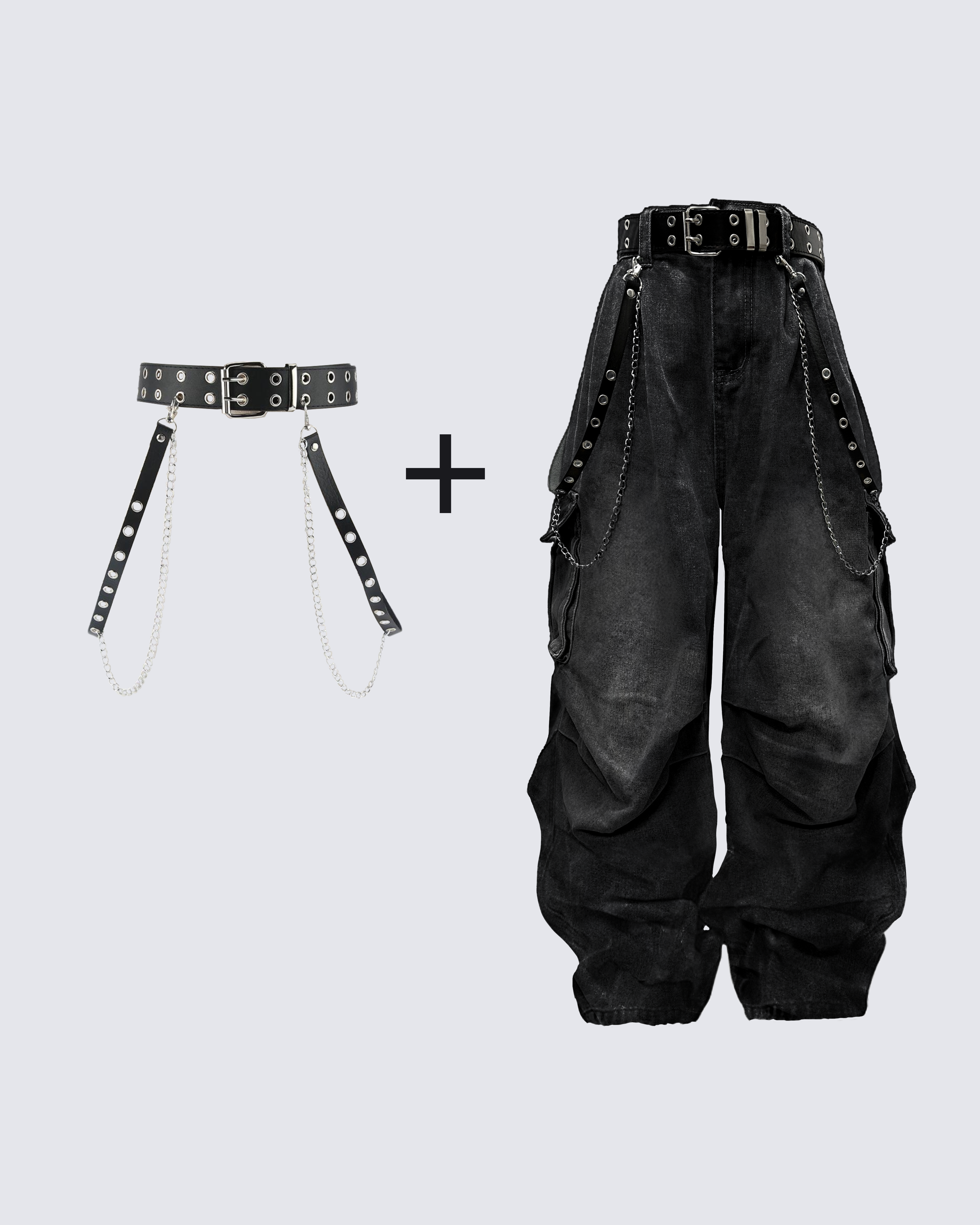 Washed Pocket Cargo Pants(Free Belt and Chain Included)