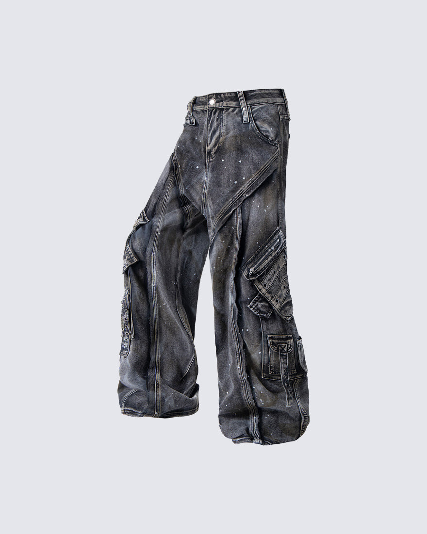 Heavy Washed Ink-Splatter Deconstructed Denim Jeans