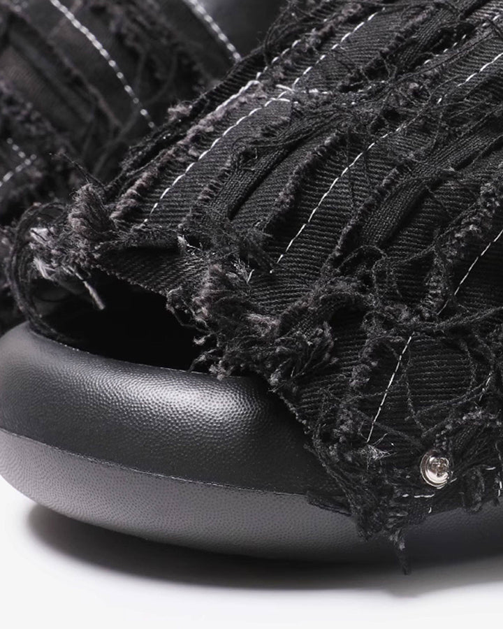 New Black Frayed Denim Platform Slides