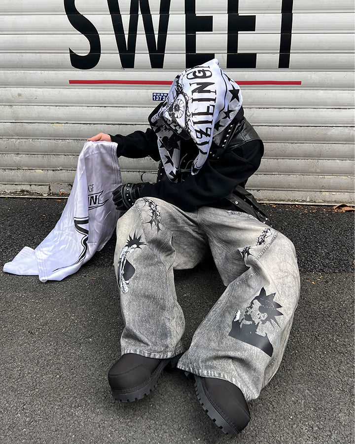 Niche Dirty Wash 3D Print Curved Jeans