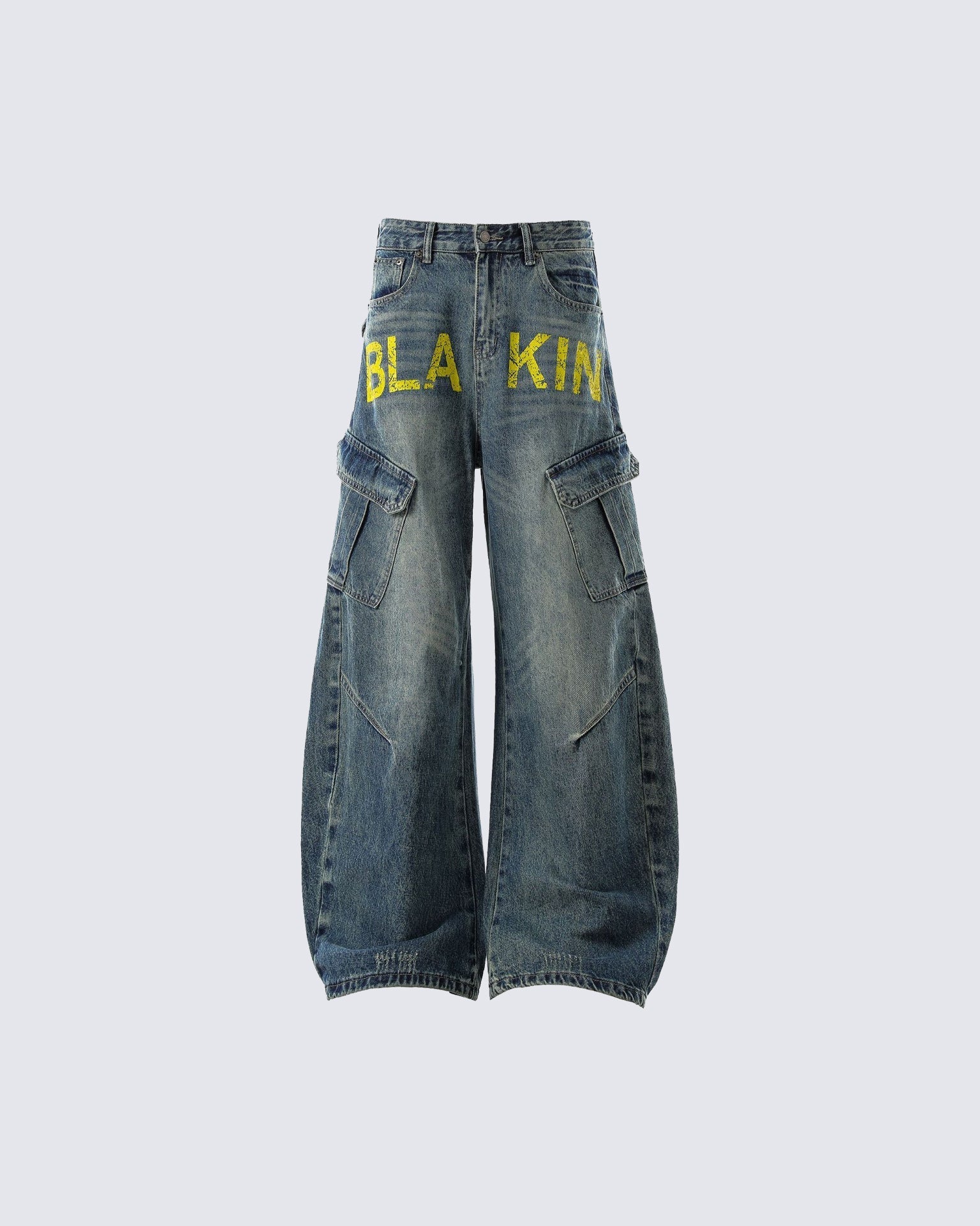 Retro Letter Print Wide-Leg Cargo Jeans