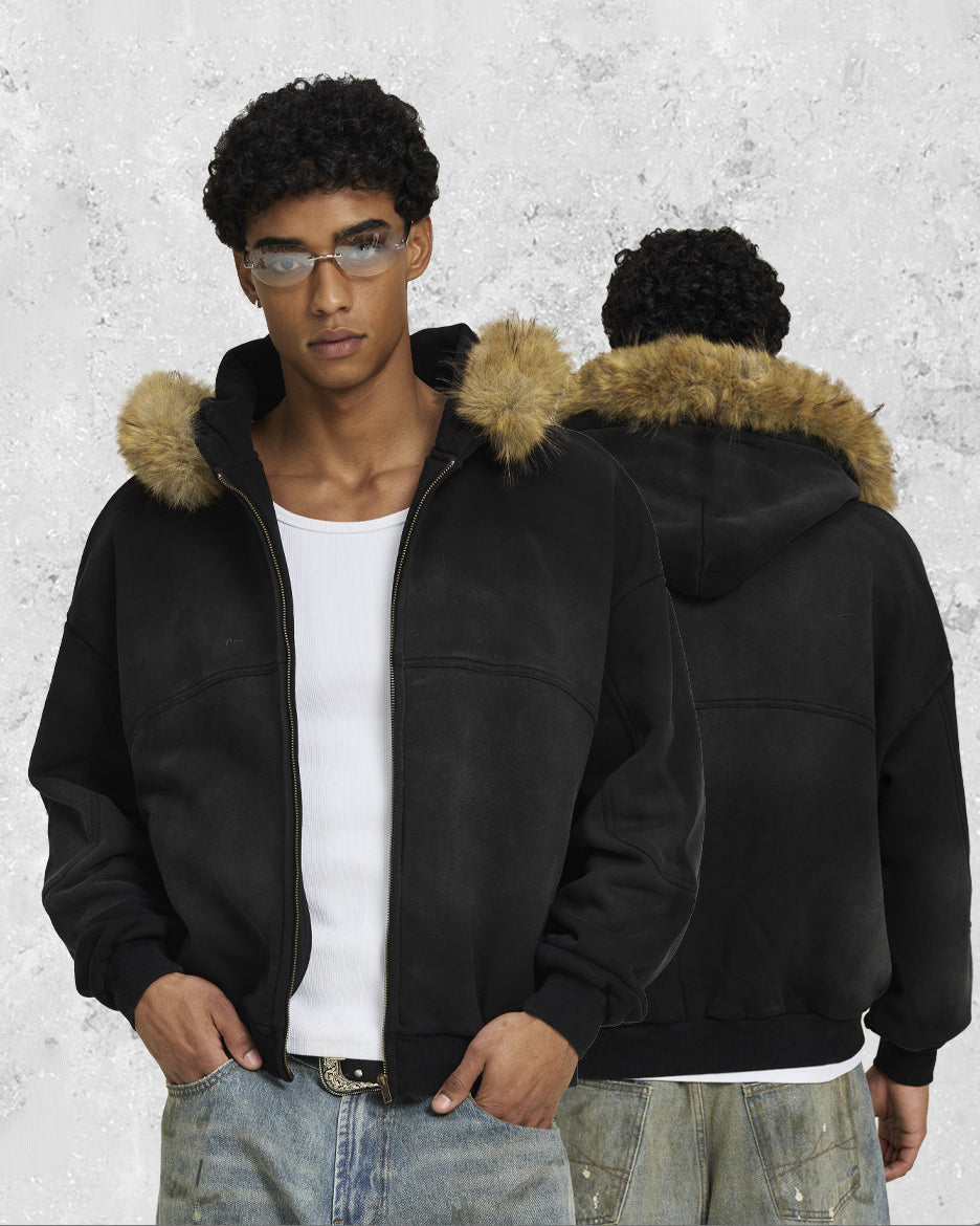 Boxy Zip Fur Collar Hoodie