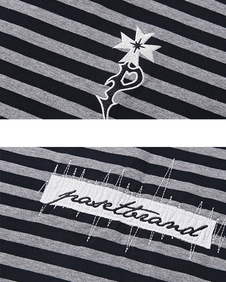 Subculture Cross Embroidered Striped Long Sleeve