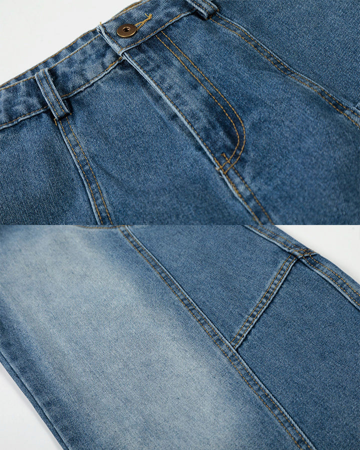 Washed Panel Design Loose Fit Denim Pants