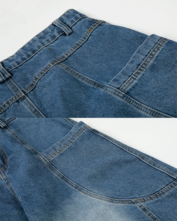 Washed Panel Design Loose Fit Denim Pants