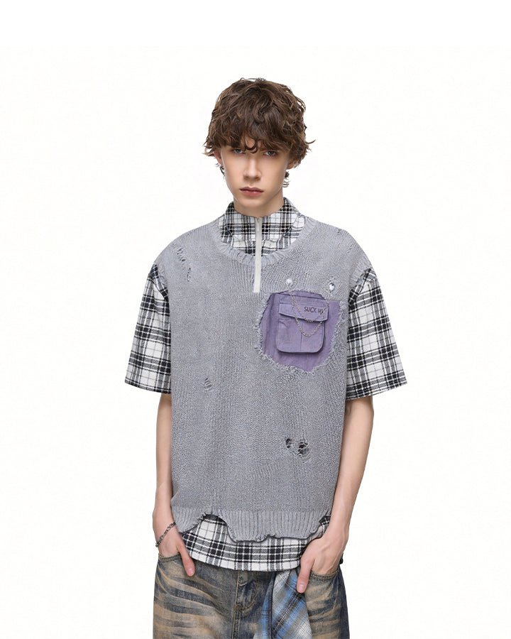 Patchwork Distressed Plaid Layered Knit T-Shirt