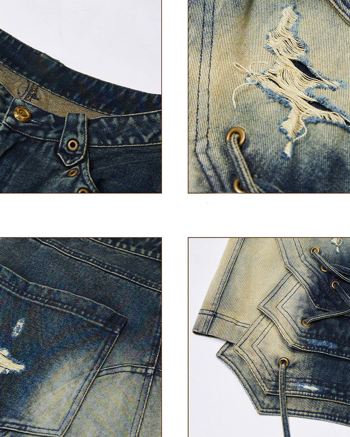 Dark Washed Deconstructed Lace-Up Denim Shorts