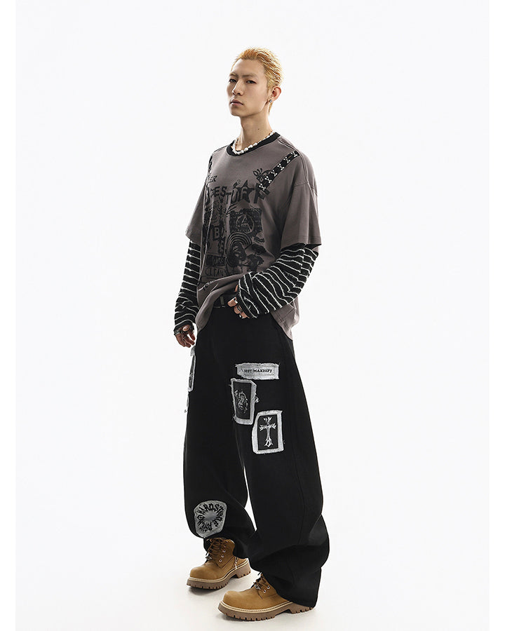 Gray-Black Distressed Graffiti Layered Sweatshirts