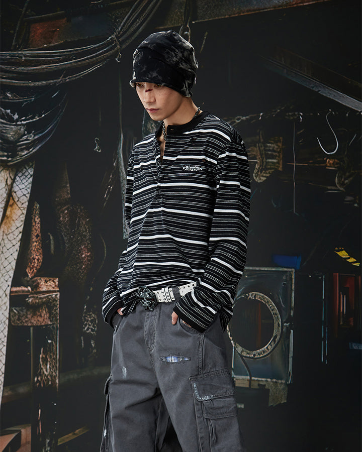 Vintage Contrast Stripe Button Long Sleeve T-Shirt