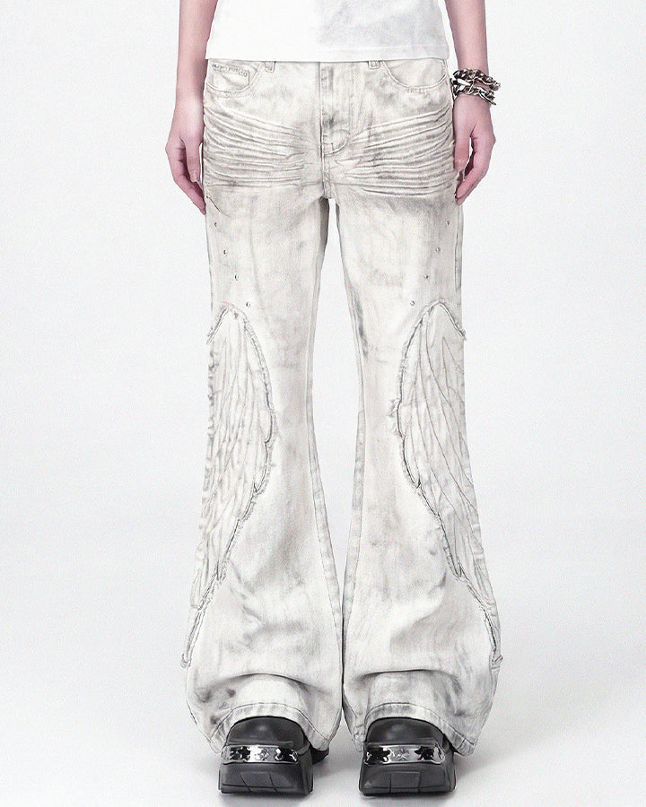 Angel Wing Print Distressed Wide-Legged Jeans