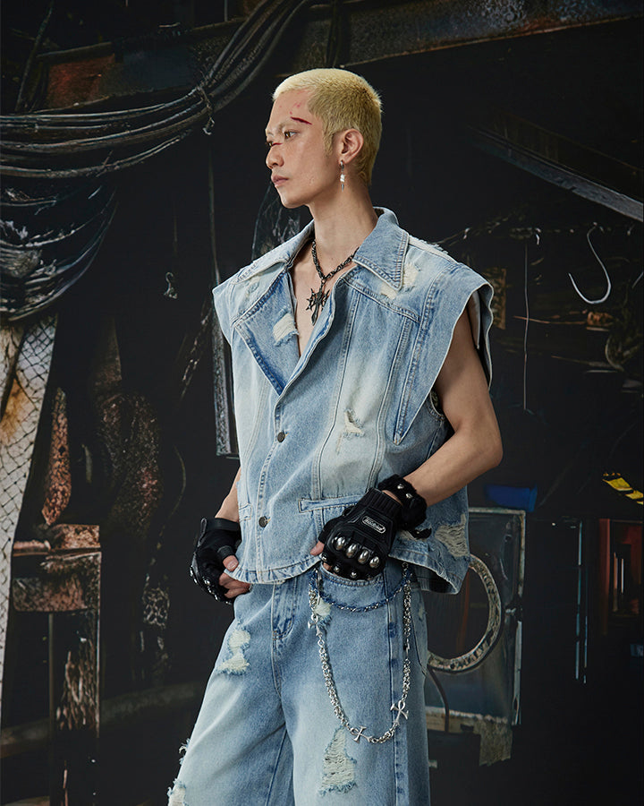 Distressed Washed Denim Vest Jacket