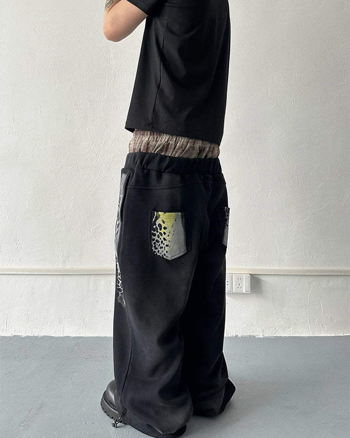 Animal Print Double Waistband Wide-Leg Sweatpants