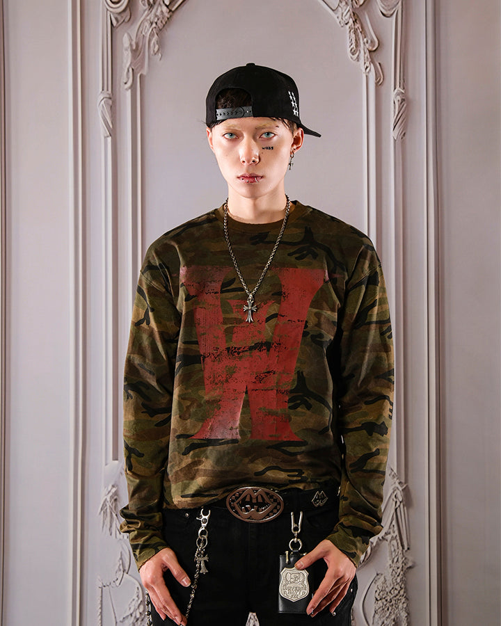 Vintage Distressed Camo Print Long Sleeve T-shirt