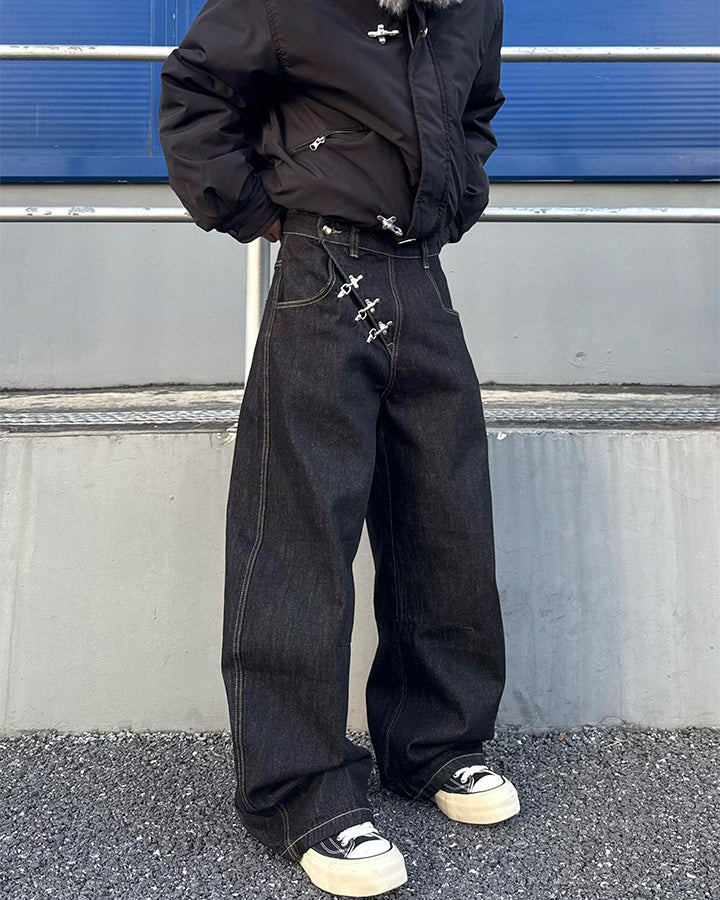 Minimal Buckle Wide-Leg Denim Pants