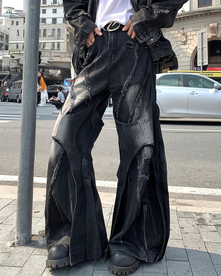 Distressed Patchwork Wide-Leg Jeans