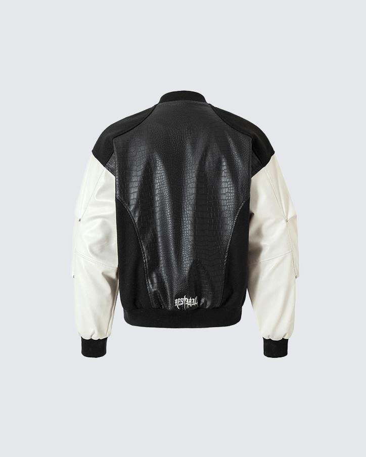 Gothic Cross Embroidered Faux Leather Varsity Jacket