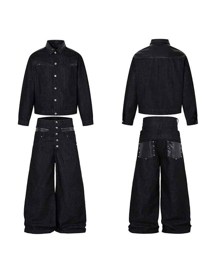 Rivet Patchwork Leather Panel Denim Pants