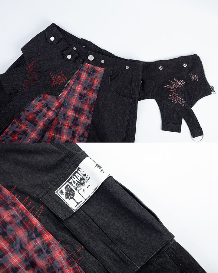 New Layered Plaid Cargo Wide-Leg Pants
