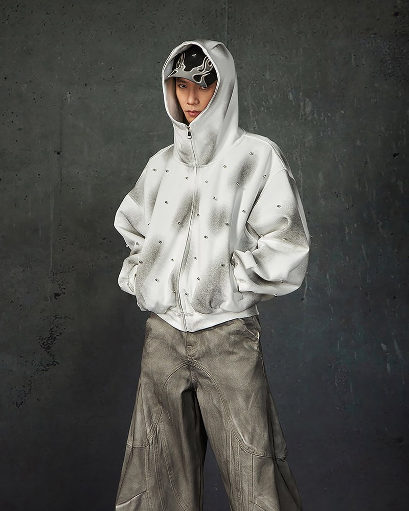 Pearl-Detailed Dirty Wash Zip Hoodie Jacket