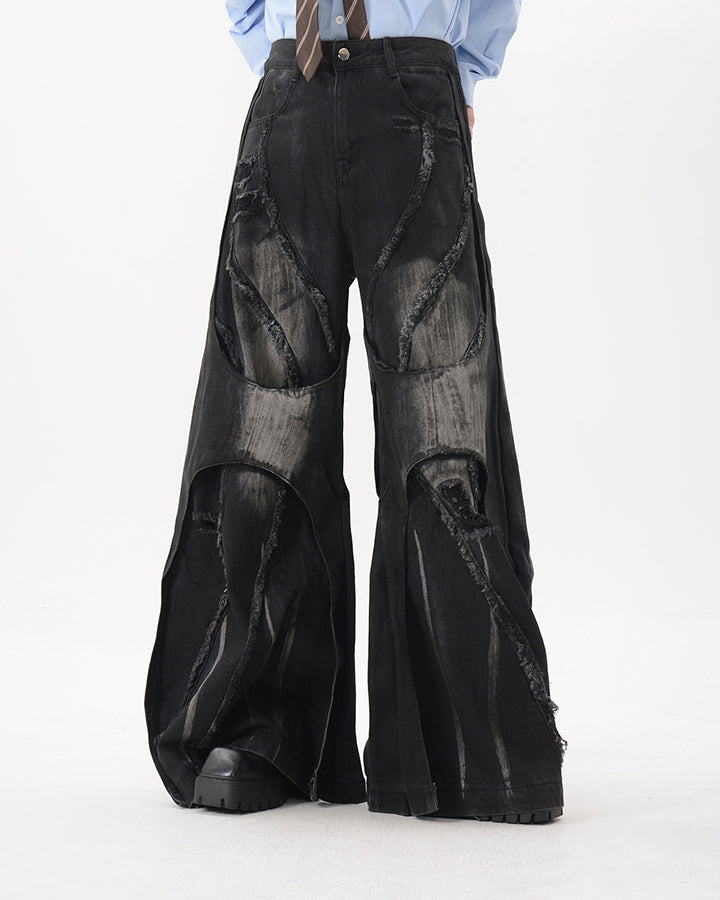 Distressed Patchwork Wide-Leg Jeans