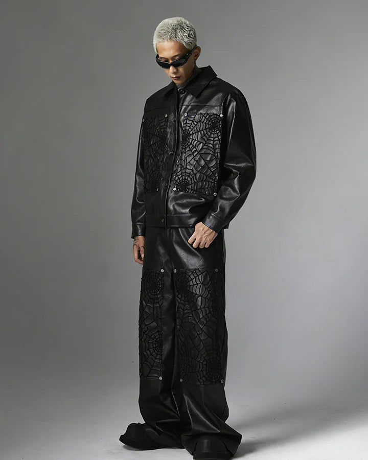 Faux Leather Jacket with Spiderweb Panels