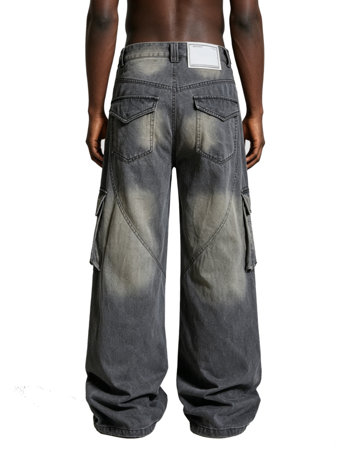 American-Style Distressed Vintage Washed Multi-Pocket Wide-Leg Jeans