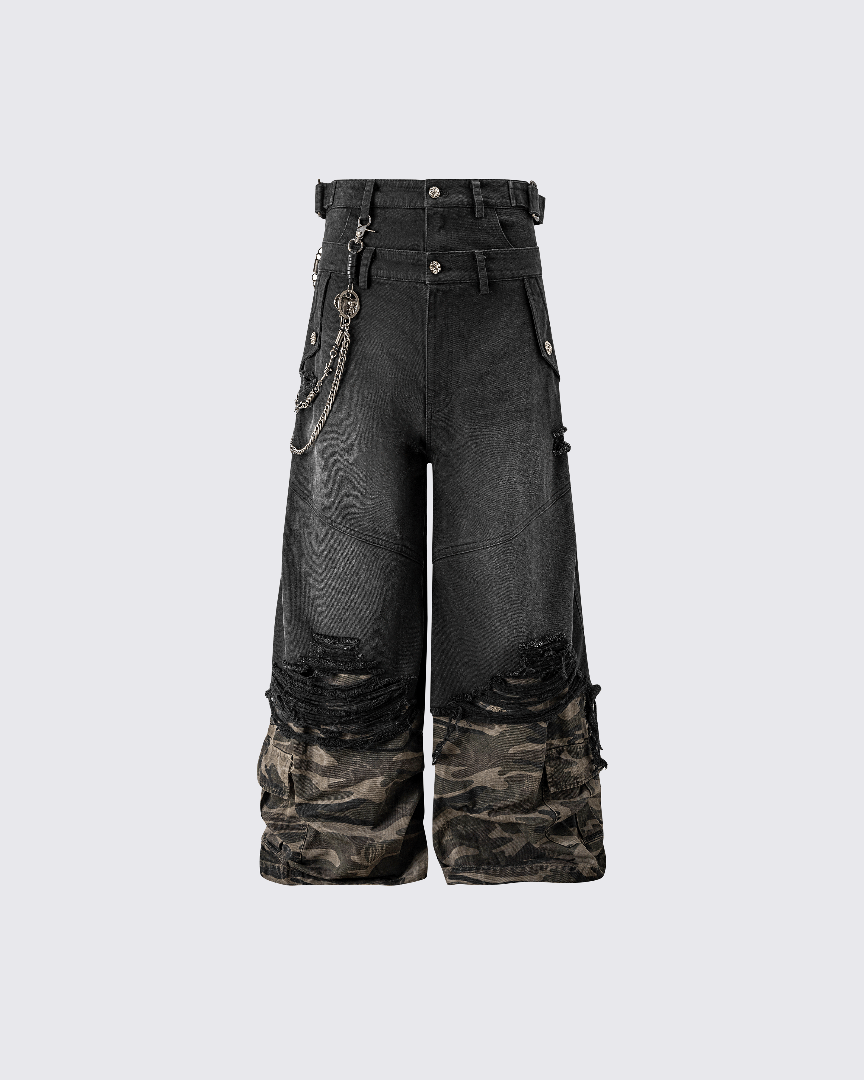 Double-Waist Camo Patchwork Distressed Wide-Leg Pants
