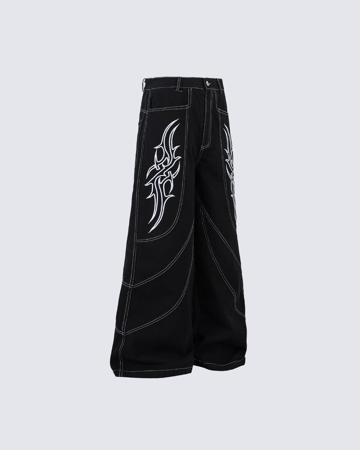 Rebellious Threads—Bold Black Denim Pants