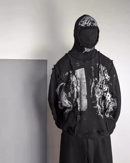Punk Graphic Distressed Knit Hoodie