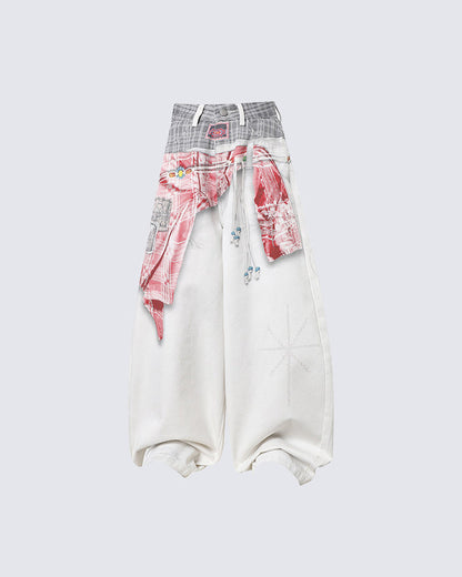 Patchwork Scarf Detail Wide Leg Pants