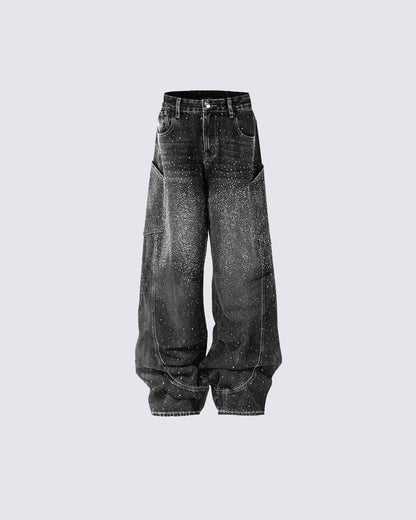 Vintage Star Rhinestone Wide-Leg Denim Pants
