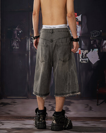 Vintage Graphic Washed Five-Length Denim Shorts