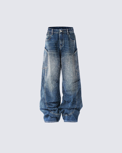 Vintage Star Rhinestone Wide-Leg Denim Pants